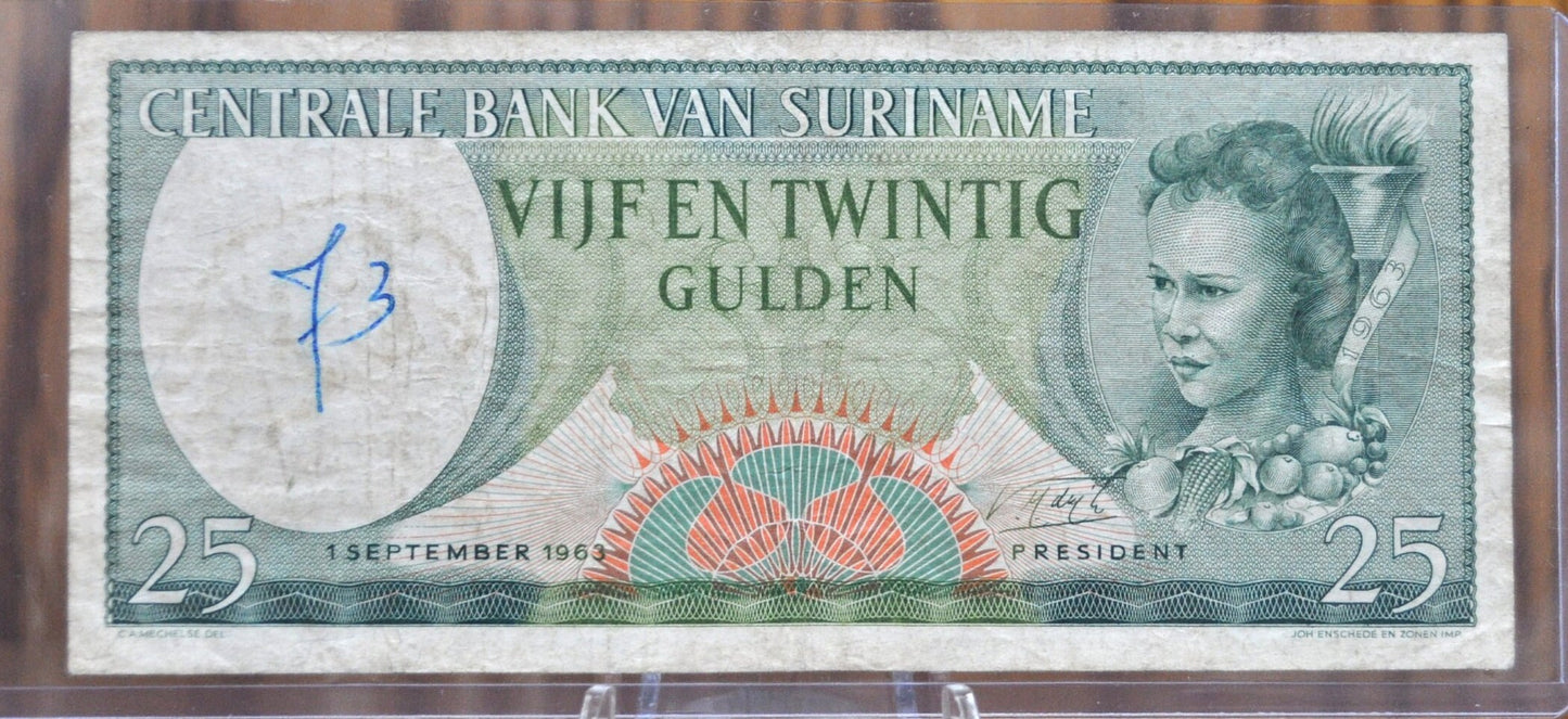 1963 Central Bank of Suriname 25 Gulden Banknote - 1963 Dutch Suriname - Netherlands Suriname Occupation 25 Gulden Banknote 1963, P#122