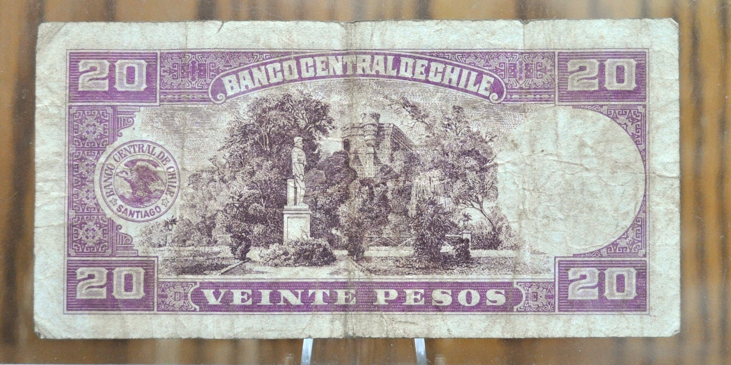 1947 Central Bank of Chile 20 Pesos Banknote - VF Grade / Condition - Twenty Pesos Chile Note 1947 - Rarer Note, Series H14 - P#93b