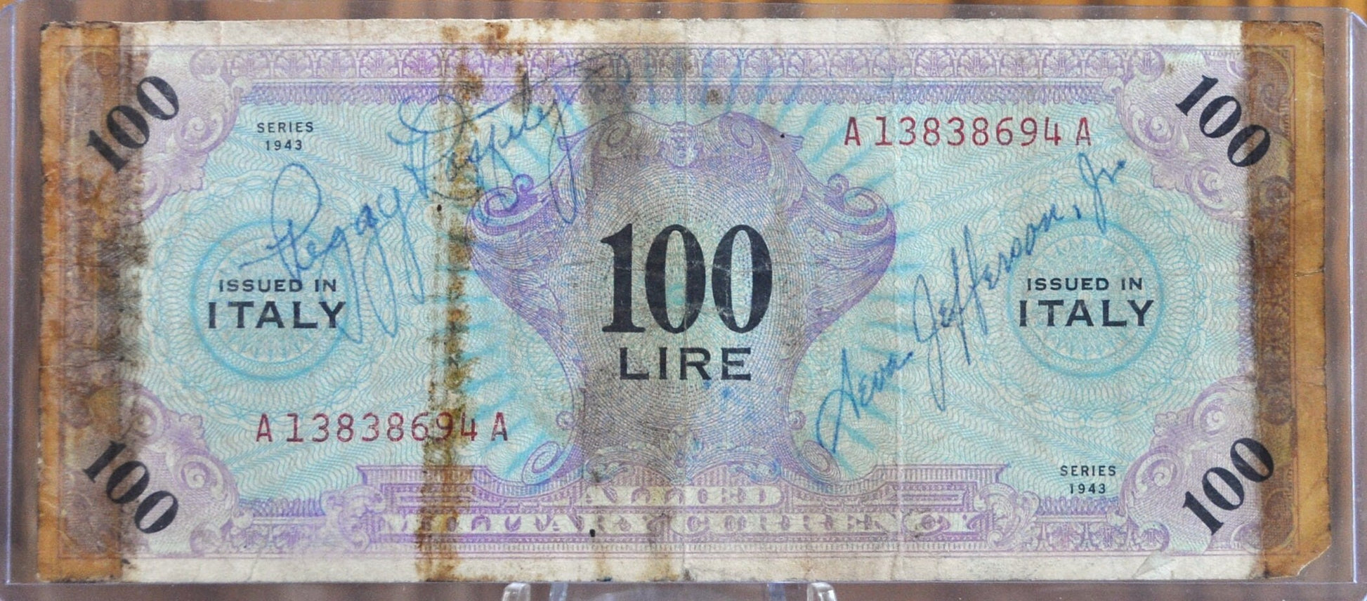 1943 100 Lire Allied Military Italian Banknote - Signed Note - Italy One Hundred Lire Allied Military Banknote 1943 - WWII Issue - P#M15b