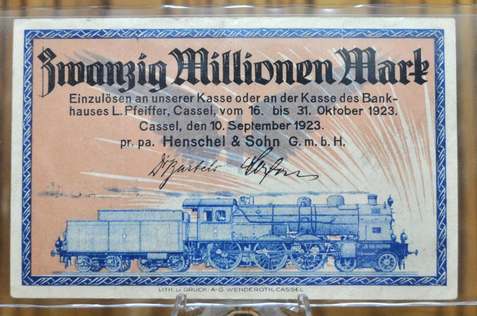 1923 20 Million Mark German Paper Note - Henschel & Sohn Cassel Train Note - WWI Hyperinflation Note - 1923 Twenty Million Mark Note