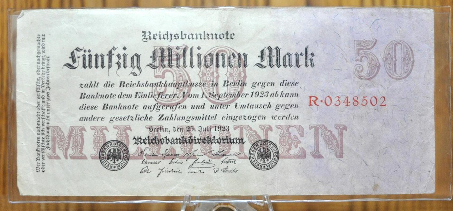 1923 50 Million Mark German Paper Reichsbanknote - Great Condition - WWI era note - Fifty Million Mark Note 1923