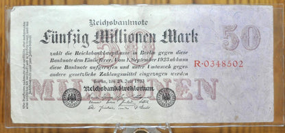 1923 50 Million Mark German Paper Reichsbanknote - Great Condition - WWI era note - Fifty Million Mark Note 1923