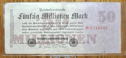1923 50 Million Mark German Paper Reichsbanknote - Great Condition - WWI era note - Fifty Million Mark Note 1923