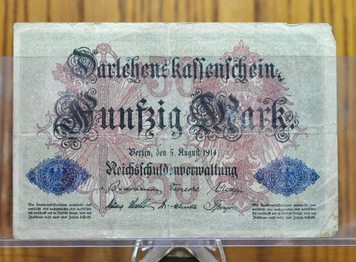 1914 50 Mark German Paper Note - Darlehnskassenschein- Good Condition, WWI note - 7-Digit Serial Number - 1914 Fifty Mark German Note- P#49b