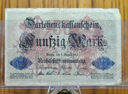 1914 50 Mark German Paper Note - Darlehnskassenschein- Good Condition, WWI note - 7-Digit Serial Number - 1914 Fifty Mark German Note- P#49b