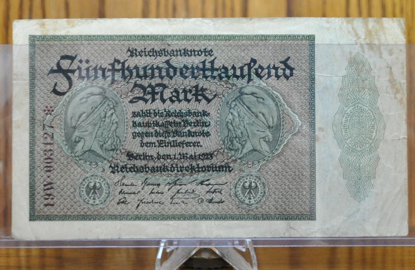 1923 500,000 Mark German Paper Reichsbanknote - Great Condition, Obverse Serial Number Only - 1923 Five Hundred Thousand Mark Note - P#88b