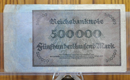 1923 500,000 Mark German Paper Reichsbanknote - Great Condition, Obverse Serial Number Only - 1923 Five Hundred Thousand Mark Note - P#88b