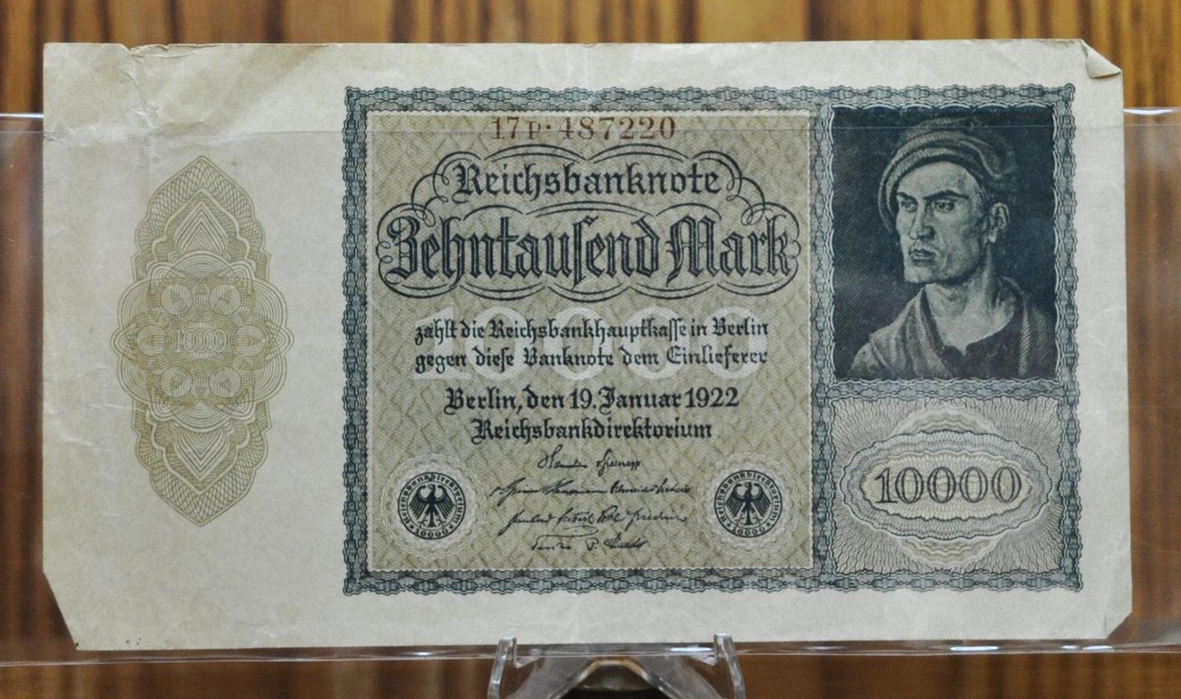 1922 10,000 Mark German Paper Note- Reichsbanknote- First Issue, Vampire Note- Varied Issues and Types- 1922 Ten Thousand Mark Note- P#70-72