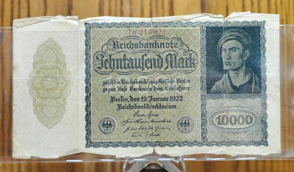 1922 10,000 Mark German Paper Note- Reichsbanknote- First Issue, Vampire Note- Varied Issues and Types- 1922 Ten Thousand Mark Note- P#70-72