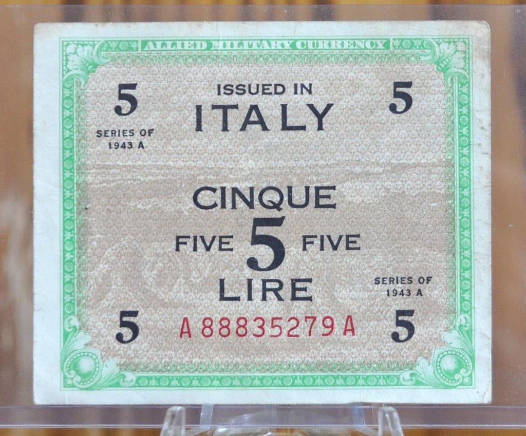 1943-A 5 Lire Allied Military Italy Note- WWII Issue - Italy Banknote Five Lire Cinque Lire Banknote 1943 A - Allied Military WWII - P#M18a