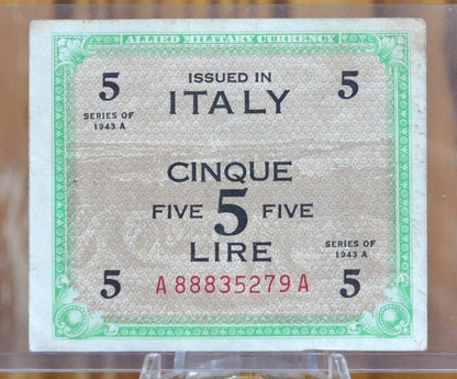 1943-A 5 Lire Allied Military Italy Note- WWII Issue - Italy Banknote Five Lire Cinque Lire Banknote 1943 A - Allied Military WWII - P#M18a