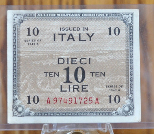 1943 10 Lire Italian Banknote - Cool Old Banknote from WWII - Italy Banknote Ten Lire Dieci Lire Banknote 1943 A Allied Military WWII Issue