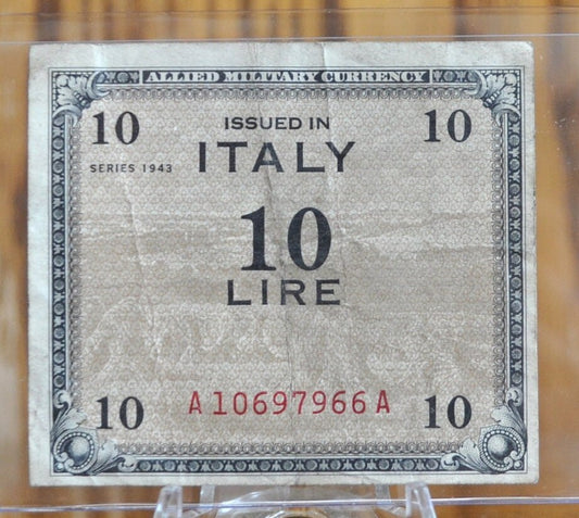 1943 10 Lire Italian Banknote - First Issue, Fine Condition - Italy Banknote Ten Lire Dieci Lire Note 1943 Allied Military WWII - P#M13a