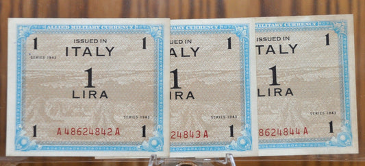 1943 1 Lira Allied Military Italy Note- 3 Consecutive Serial Numbers! - Italy One Lire Allied Banknote 1943 - Allied Military WWII - P#M10a