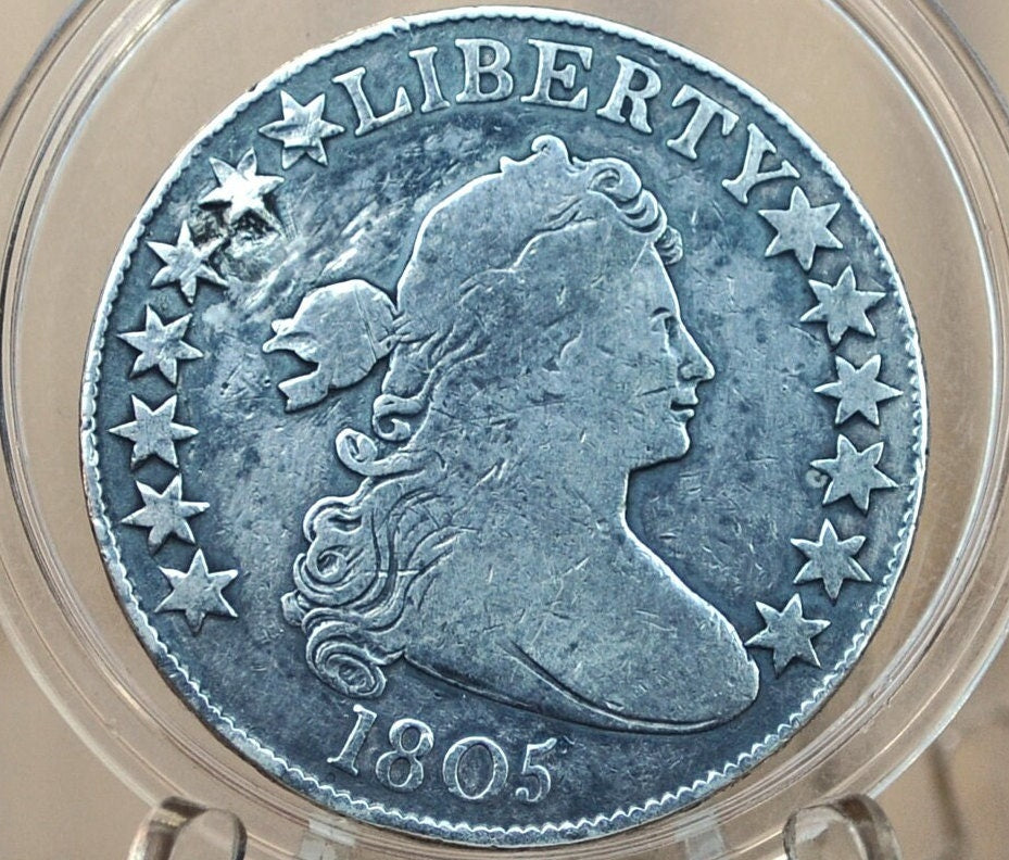 1805 Draped Bust Half Dollar - Fine Details, Holed / Plugged - 1805 Half Dollar US Half Dollar 1805 Early American Coin, Scarce, Authentic