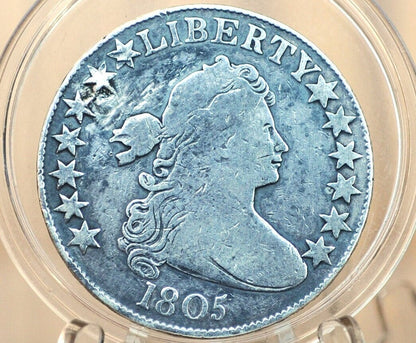 1805 Draped Bust Half Dollar - Fine Details, Holed / Plugged - 1805 Half Dollar US Half Dollar 1805 Early American Coin, Scarce, Authentic