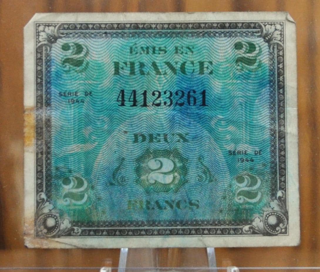 1944 France 2 Franc Paper Note - WWII Era French Bank Note, Beautiful Artwork - French 2 Francs Banknote