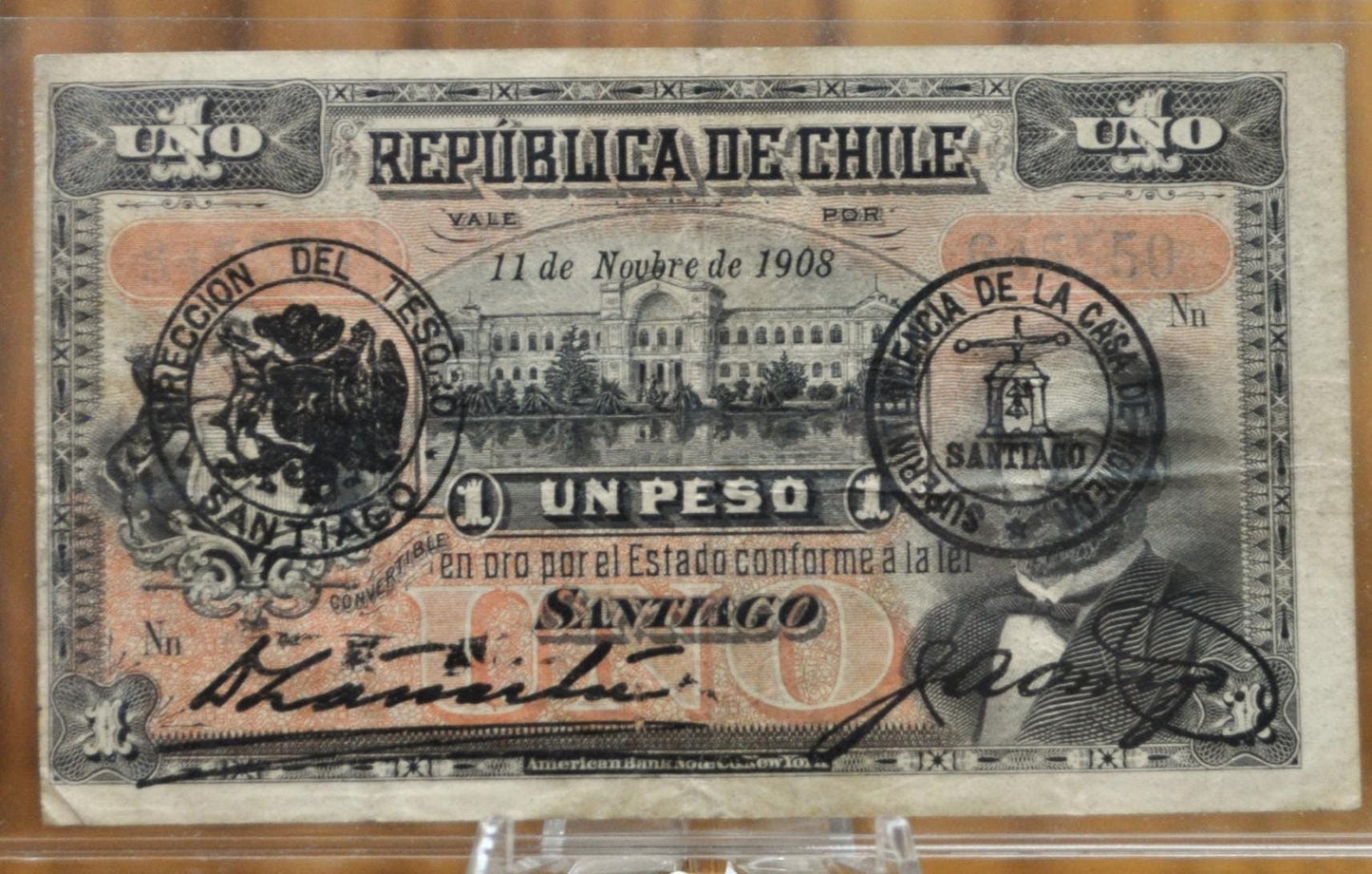 Rare 1908 Republic of Chile 1 Peso Banknote - Type 1 and 3 Seals - 11.11.1908, Santiago - 1908 One Peso Republica de Chile Note - P#15a