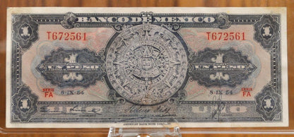 1954 Bank of Mexico 1 Peso Bank Note - Aztec Calendar Design - Series FA - Excellent Condition - 1954 One Peso Mexico Note - P#56b