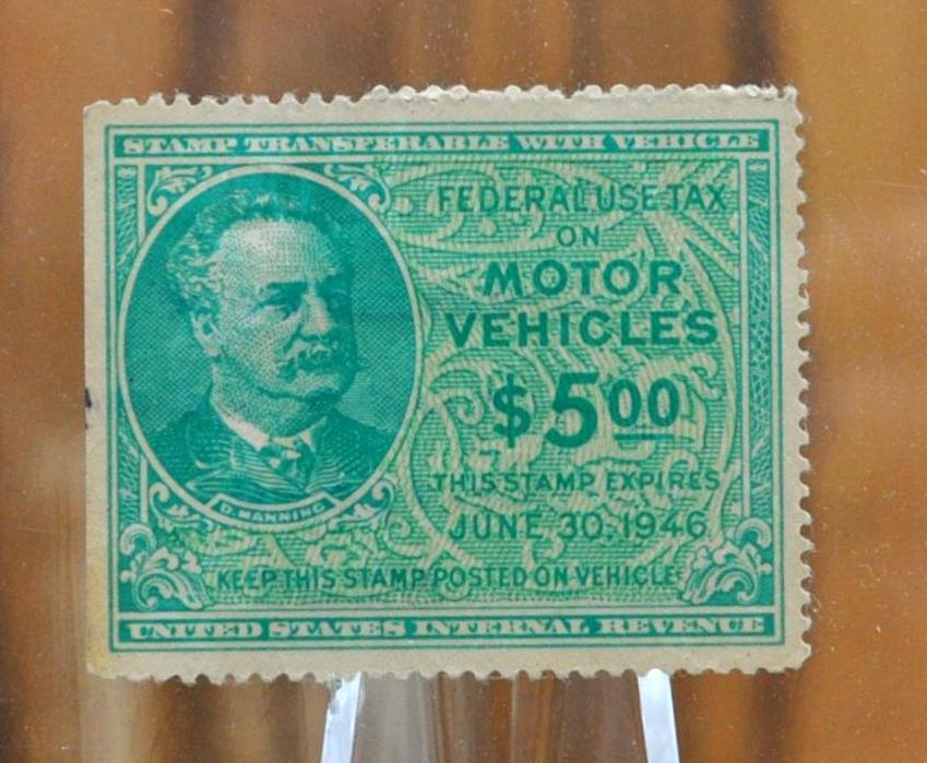 1946 U.S. 5 Dollar Federal Use Tax Motor Vehicle Stamp - D. Manning Issue - Used, Excellent Condition - 1946 Federal Motor Vehicle Tax Stamp