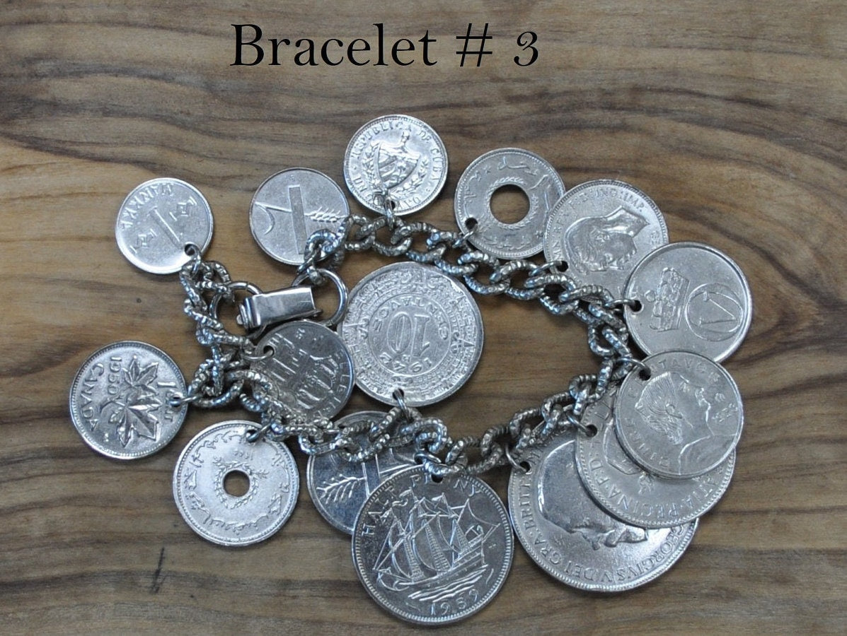 Vintage Coin Bracelets! Bracelet Coin Charms, Travel Charm Bracelet, Choose by Bracelet! Coin Charm Bracelet, Heritage Charms