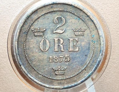 1875 Swedish 2 Ore Coin - XF Condition - 1875 Sweden Two Ore, Great for Birthdays, Jewelry, Collections