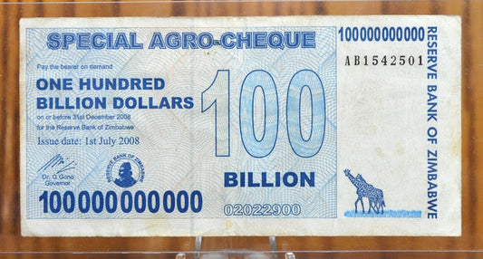 2008 Zimbabwe 100 Billion Dollar Banknote - Special Agro-Cheque, Hyperinflation Note - 2008 Zimbabwe One Hundred Billion Dollar Note - P#64