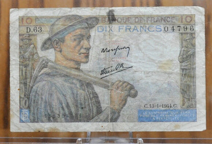 1944 France 10 Franc Banknote - Miner Type, 13-1-1944 - Banque de France Dix Francs Note - French Ten Francs Banknote 1944 - P#99e