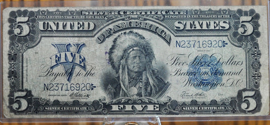 1899 5 Dollar Silver Certificate Chief Note Fr#280 - F (Fine) Grade/Condition, Horseblanket Note, Five Dollar Indian Chief Running Antelope