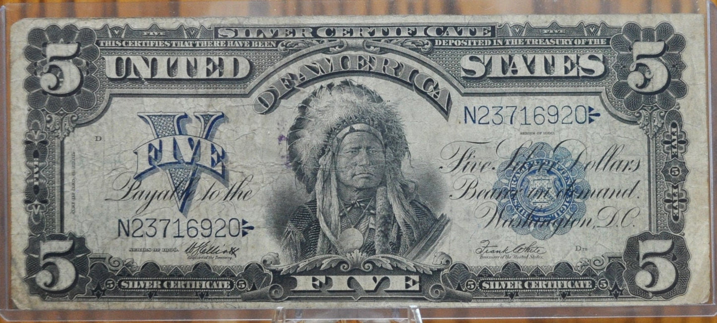 1899 5 Dollar Silver Certificate Chief Note Fr#280 - F (Fine) Grade/Condition, Horseblanket Note, Five Dollar Indian Chief Running Antelope