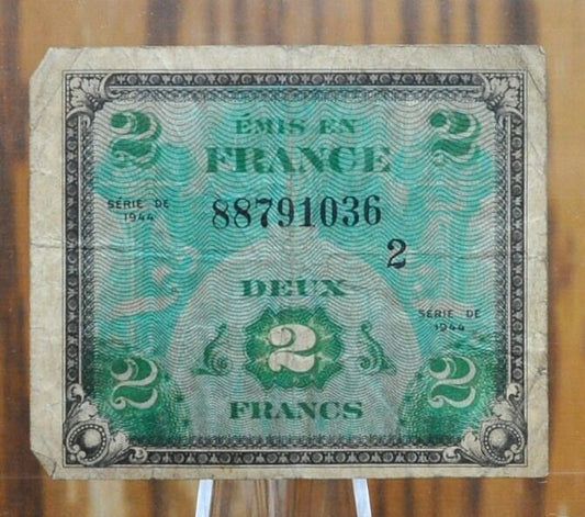 1944 Allied Military France 2 Franc Note - WWII Era French Bank Note, Block 2 - French Two Francs Allied Military Bank Note- P#114b