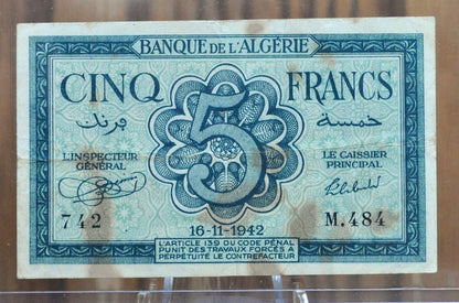 1942 Bank of Algeria 5 Franc Banknote - World War II Issue, Beautiful Design - Five Francs Bank Note 1942, Banque De L'Algerie - P#91