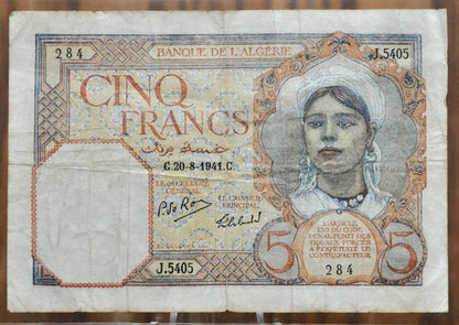 1941 Bank of Algeria 5 Franc Banknote - World War II Issue, Beautiful Design - Five Francs Bank Note 1941, Banque De L'Algerie - P#77b