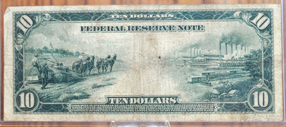 1914 10 Dollar Federal Reserve Note Large Size Fr#911C - F (Fine) - New York 1914 Ten Dollar Bill Horseblanket Note 1914 Andrew Jackson 10