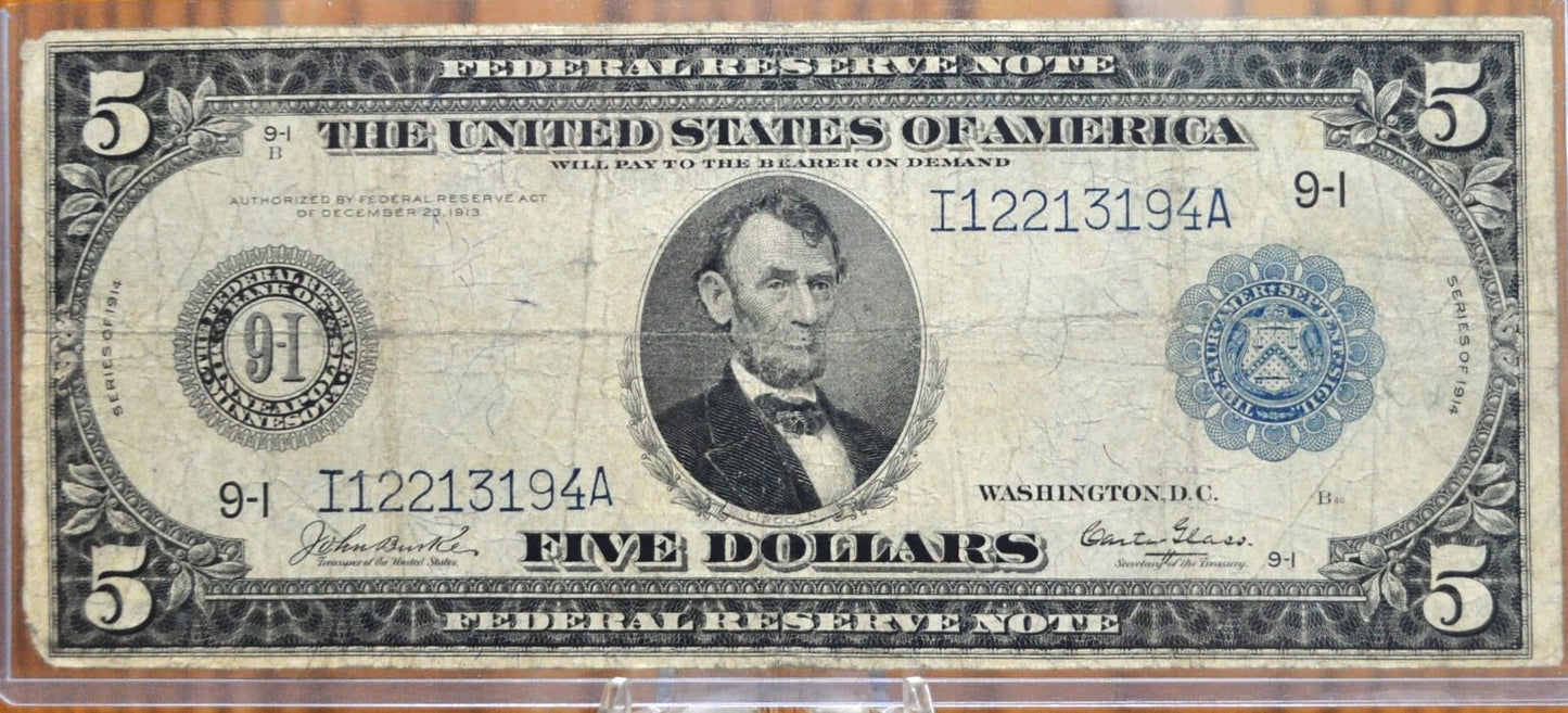 1914 5 Dollar Federal Reserve Note Large Size Fr877 - VG+ - San Francisco 1914 Five Dollar Bill Large Note 1914 5 Dollar 1914 SF Fr#877