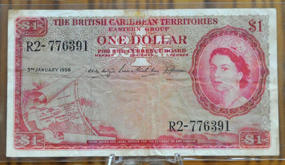 1956 British Caribbean Territories 1 Dollar Note - Red Issue, 3.1.1956 - 1956 East Caribbean British Territories One Dollar Note - P#7b