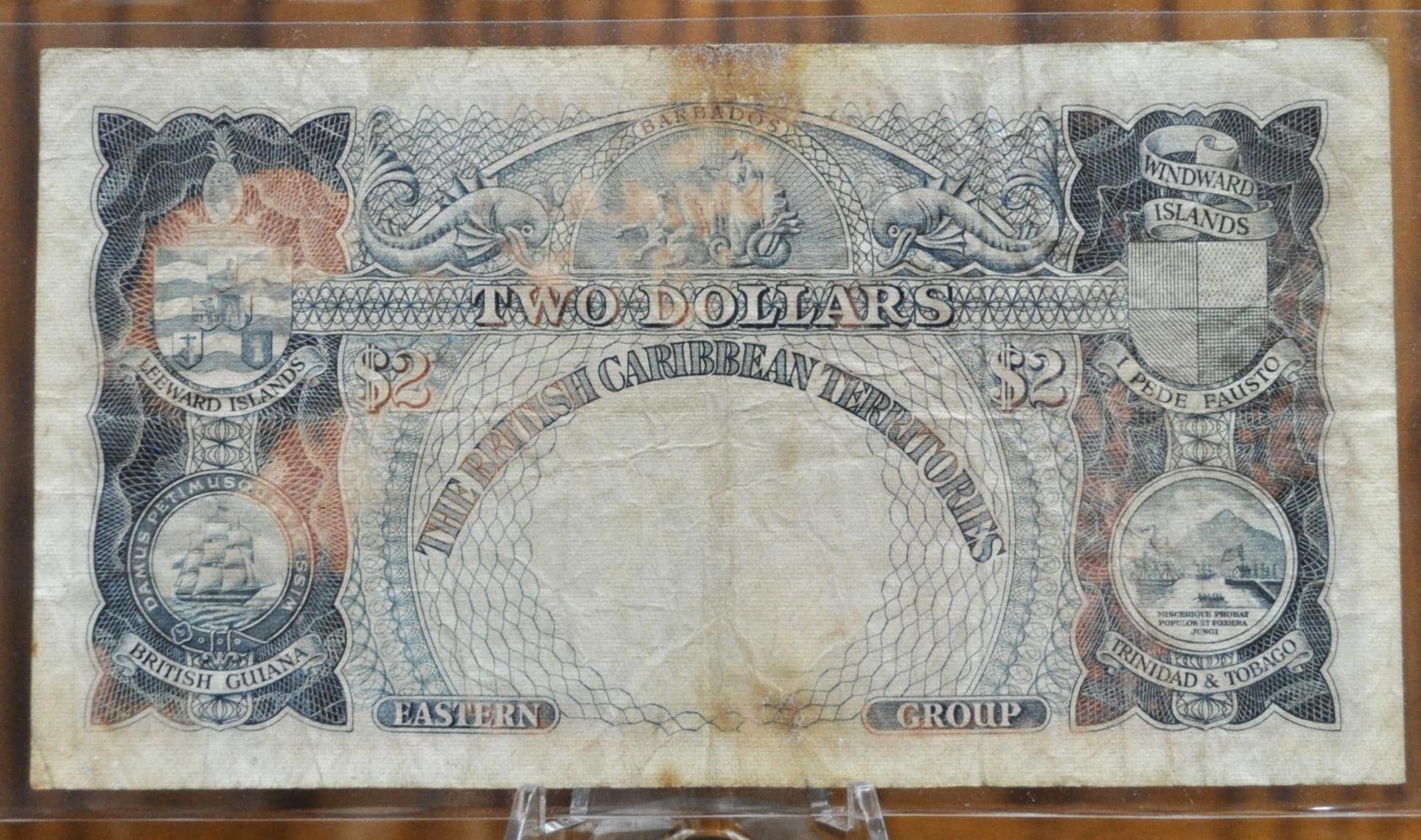 1954 British Caribbean Territories 2 Dollar Note - Blue Issue, Prefix D2 - 1954 East Caribbean British Territories Two Dollar Note - P#8b