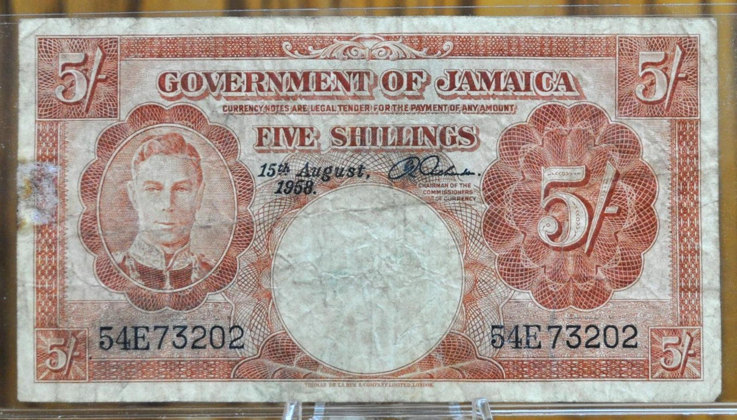 1958 Government of Jamaica 5 Shillings Banknote - 15th August 1958 Issue - King George VI - 1958 British Jamaica Five Shilling Note - P#37b