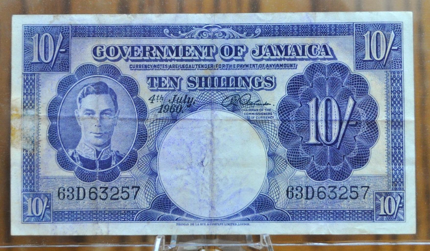 1960 Government of Jamaica 10 Shillings Banknote - 4th July 1960 Issue - King George VI - 1960 British Jamaica Ten Shilling Note - P#46