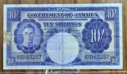 1960 Government of Jamaica 10 Shillings Banknote - 4th July 1960 Issue - King George VI - 1960 British Jamaica Ten Shilling Note - P#46