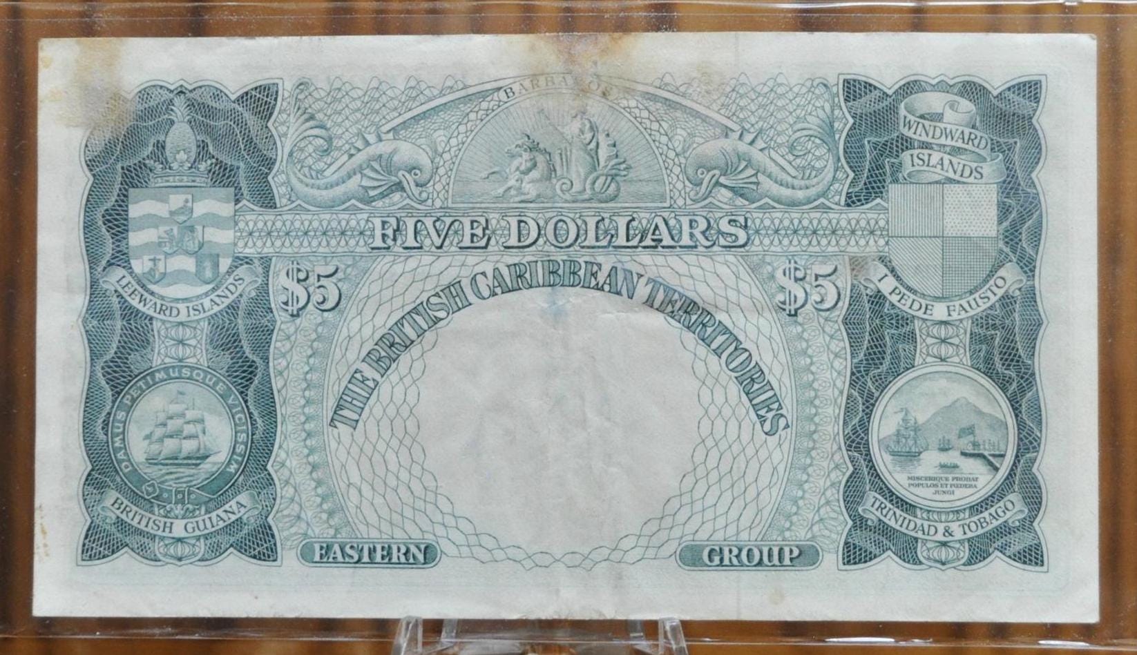 RARE 1956 British Caribbean Territories 5 Dollar Note - Queen Watermark, PFX D2 - 1956 Caribbean British Territories Five Dollar Note - P#9b