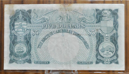 RARE 1956 British Caribbean Territories 5 Dollar Note - Queen Watermark, PFX D2 - 1956 Caribbean British Territories Five Dollar Note - P#9b