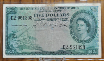 RARE 1956 British Caribbean Territories 5 Dollar Note - Queen Watermark, PFX D2 - 1956 Caribbean British Territories Five Dollar Note - P#9b