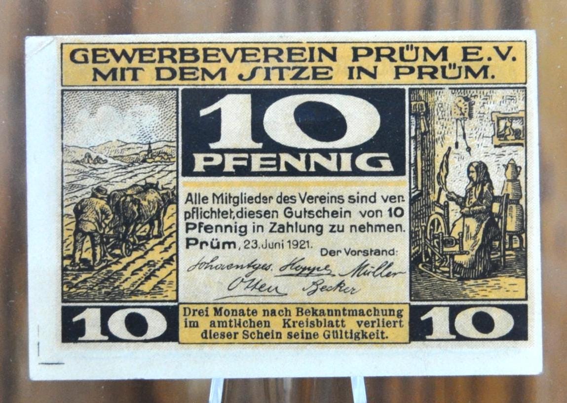 1921 10 Pfennig Prum Germany Emergency Note- Prum Notgeld -Excellent Condition - Post-WWI German Inflation Note - 1921 Prum Ten Pfennig Note