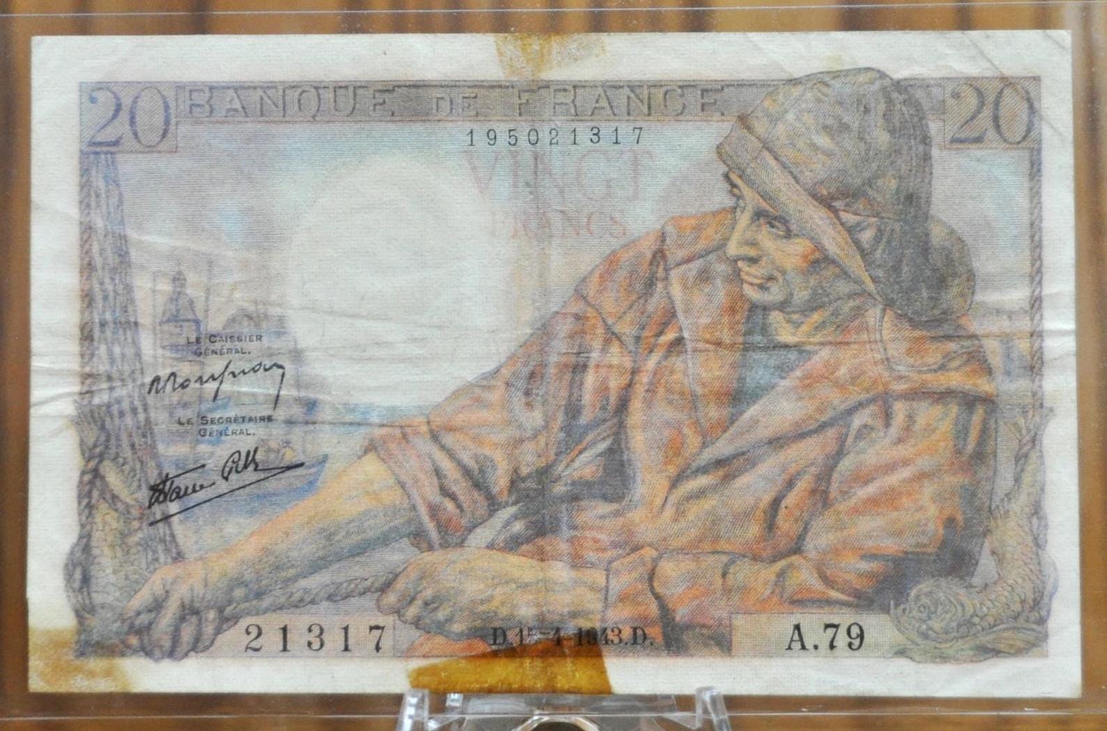 1943 Bank of France 20 Franc Banknote - Fisherman Type, 15-4-1943 - WW2 Era French Note - 1943 French Twenty Francs Bank Note - P#100a