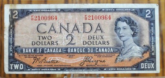 1954 Bank of Canada 2 Dollar Banknote - Devil's Hair Note - Beattie / Coyne Signatures - 1954 Canadian Two Dollar Devil Face Note - P#67b