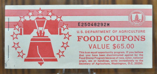 1986 U.S. Department of Agriculture 65 Dollar Value Food Coupon Book- Incomplete, One Coupon Left- 1986 Food Coupon Booklet 65 Dollar Value