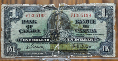 1937 Canada 1 Dollar Bank Note - Gordon/Towers Signatures, U/A Prefix - Heavily Worn, Repaired - 1937 Bank of Canada One Dollar Note - P#58d