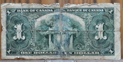 1937 Canada 1 Dollar Bank Note - Gordon/Towers Signatures, U/A Prefix - Heavily Worn, Repaired - 1937 Bank of Canada One Dollar Note - P#58d