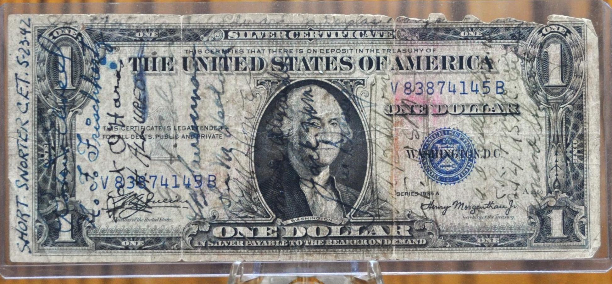 1942 Short Snorter Signed 1935-A Silver Certificate Note - 5.23.42, Covered with Military Signatures - WW2 Short Snorter Silver Certificate